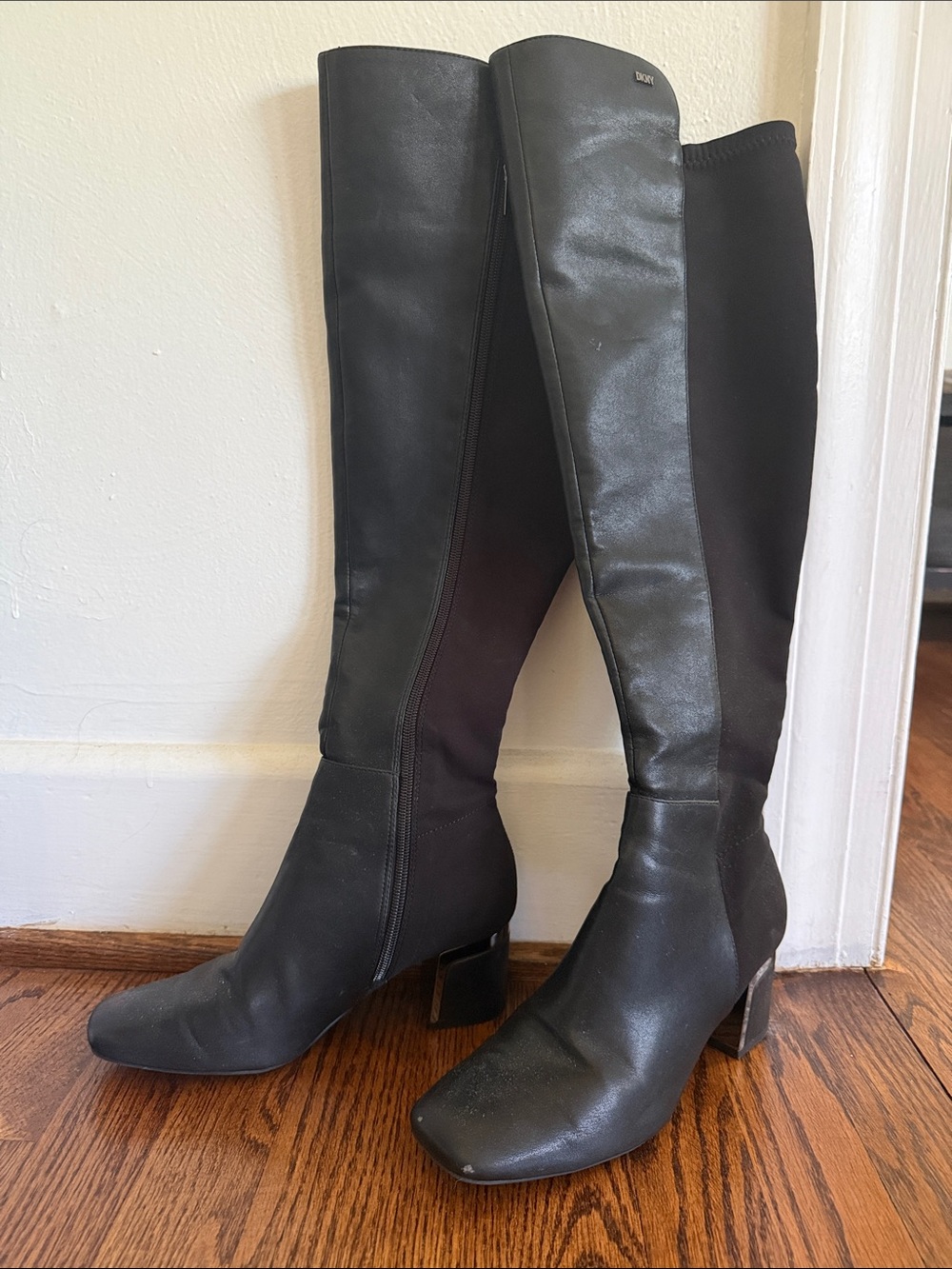 DKNY Black Over-The-Knee Leather and Stretch Boots